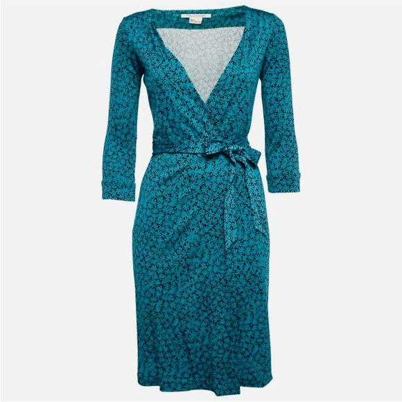 DIANE VON FURSTENBURG Classic Silk Wrap Dress Julian Two Teal Floral 12 - Picture 1 of 9